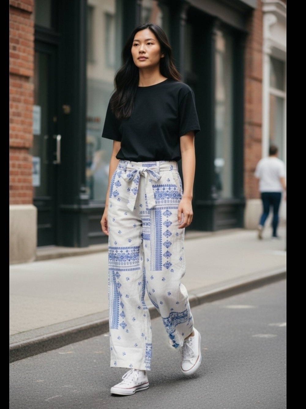 Stylish Joie Womens Wide-Leg Pants Cropped Blue Patchwork Linen Blend Size 6